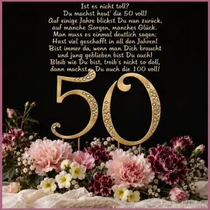 Goldene Zahl 50 mit Strass über rosa Nelken, Geburtstagsgedicht zum 50. Geburtstag