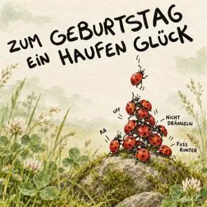 Gemalte Marienkäfer stapeln sich auf einem Stein im Klee, Text: Zum Geburtstag ein Haufen Glück