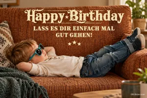 Entspannter Junge mit Sonnenbrille auf dem Sofa, Text: Happy Birthday – Lass es dir einfach mal gut gehen!