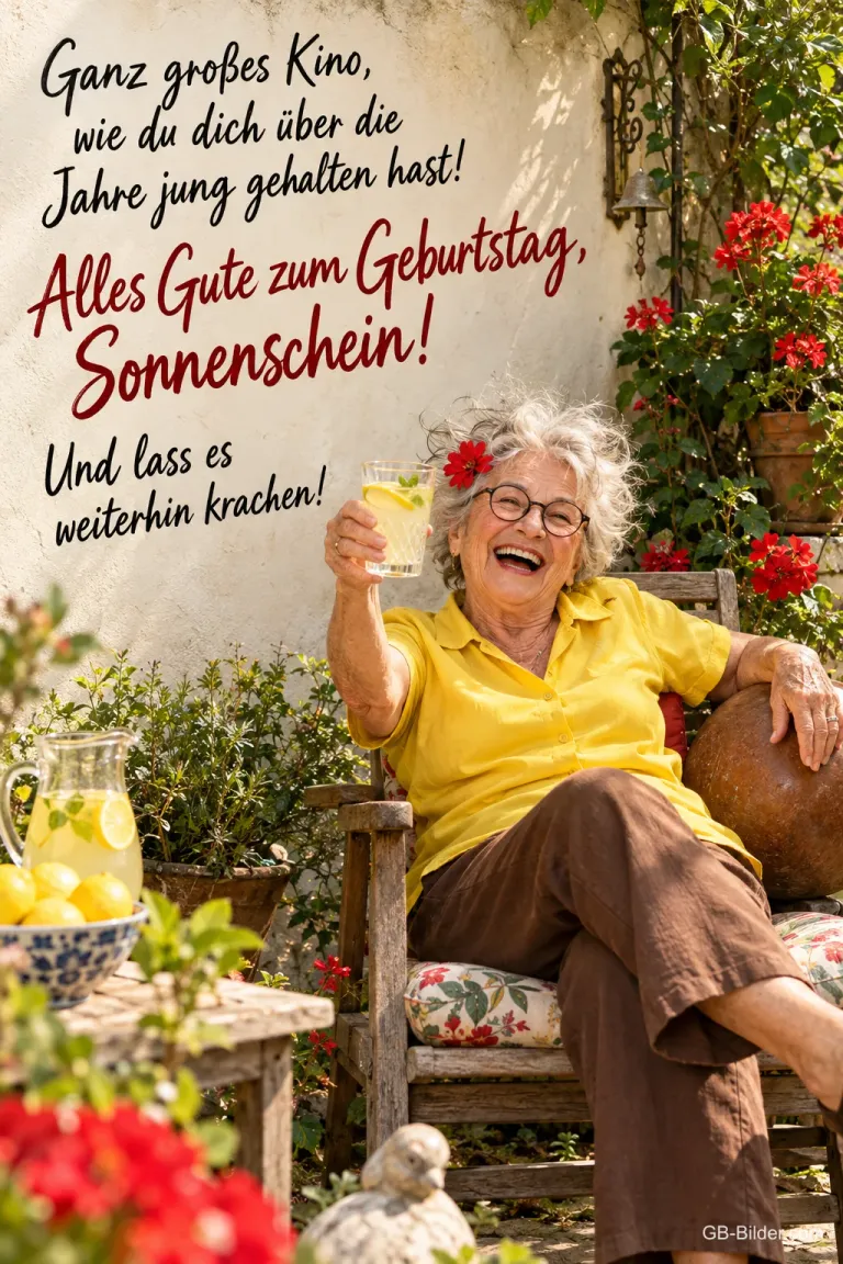 Ältere Dame mit Blume im Haar hebt lachend ein Glas Limonade im Garten, Text: Ganz großes Kino, wie du dich über die Jahre jung gehalten hast! Happy Birthday, Sonnenschein! Und lass es weiterhin krachen!