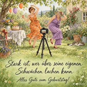 Zwei Frauen tanzen vor einer Kamera im Garten, Text: Stark ist, wer über seine eigenen Schwächen lachen kann. Alles Gute zum Geburtstag!