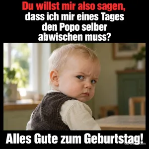 Kleinkind schaut skeptisch zur Seite, Text: Du willst mir also sagen, dass ich mir eines Tages den Popo selber abwischen muss? Alles Gute zum Geburtstag!