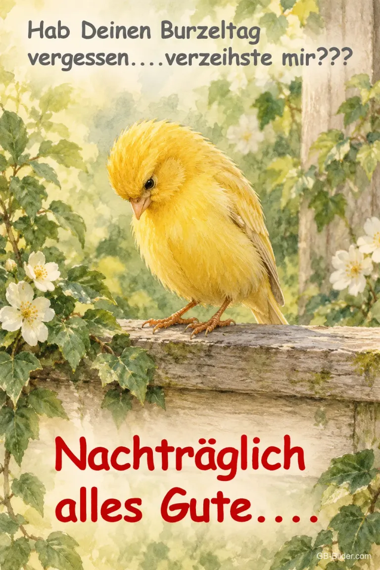 Verlegenes gelbes Küken auf einer Mauer, Text: Hab deinen Burzeltag vergessen, verzeihste mir? Nachträglich alles Gute