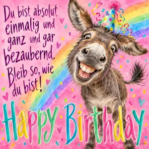 Esel mit Partyhut lacht vor einem Regenbogen mit Konfetti, Text: Du bist absolut einmalig und ganz und gar bezaubernd. Bleib so, wie du bist! Happy Birthday