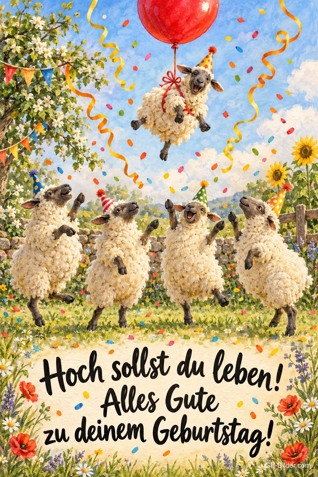 Vier Schafe mit Partyhüten jubeln, eines schwebt am roten Luftballon, Text: Hoch sollst du leben! Alles Gute zu deinem Geburtstag!