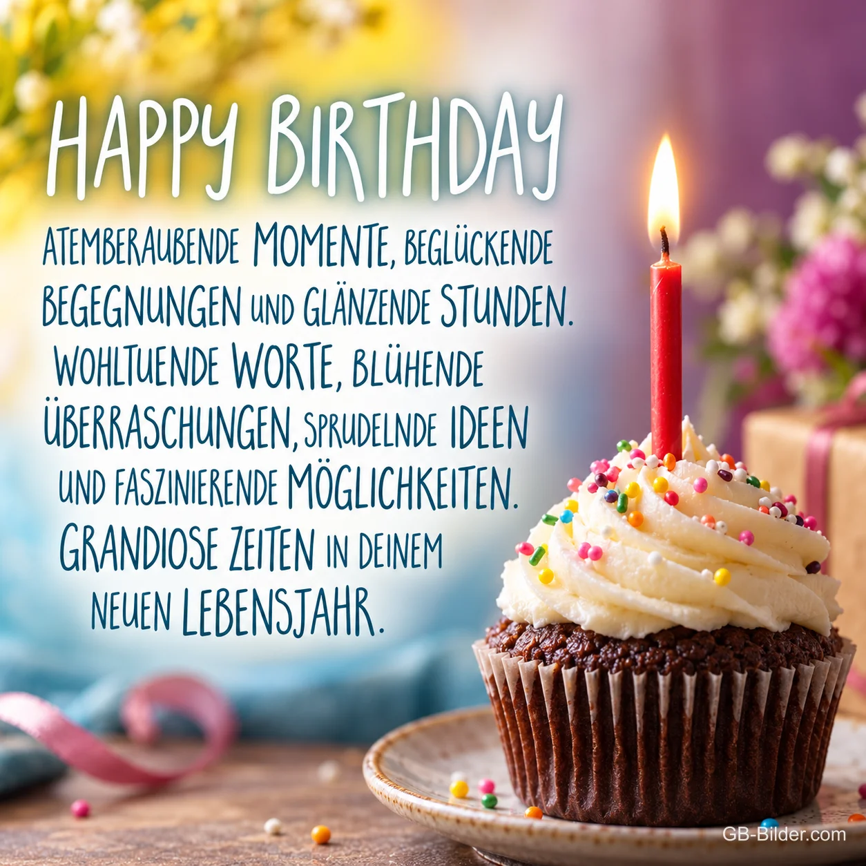 Cupcake mit brennender Kerze, Geburtstagswünsche: atemberaubende Momente und grandiose Zeiten im neuen Lebensjahr
