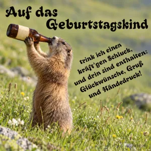 Murmeltier trinkt auf einer Bergwiese aus einer Flasche, Text: Auf das Geburtstagskind trink ich einen kräft’gen Schluck