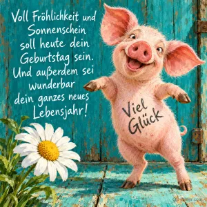 Lachendes Schwein mit Aufschrift Viel Glück tanzt neben einem Gänseblümchen, Text: Voll Fröhlichkeit und Sonnenschein soll heute dein Geburtstag sein. Und außerdem sei wunderbar dein ganzes neues Lebensjahr! Viel Glück