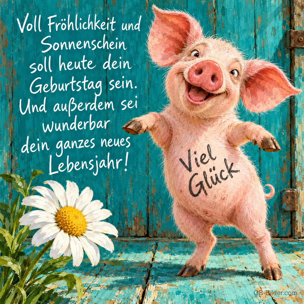 Lachendes Schwein mit Aufschrift Viel Glück tanzt neben einem Gänseblümchen, Text: Voll Fröhlichkeit und Sonnenschein soll heute dein Geburtstag sein. Und außerdem sei wunderbar dein ganzes neues Lebensjahr! Viel Glück