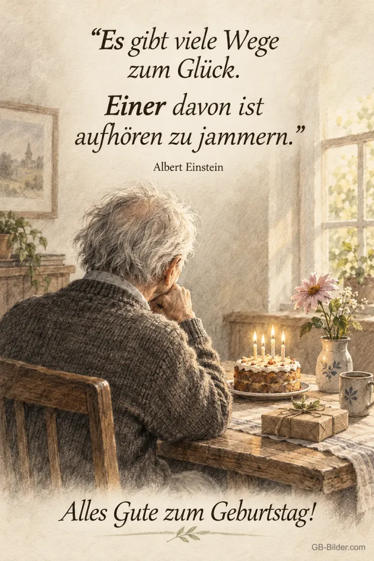 Älterer Mann am Fenster vor Geburtstagskuchen, Zitat: Es gibt viele Wege zum Glück. Einer davon ist aufhören zu jammern. Alles Gute zum Geburtstag!