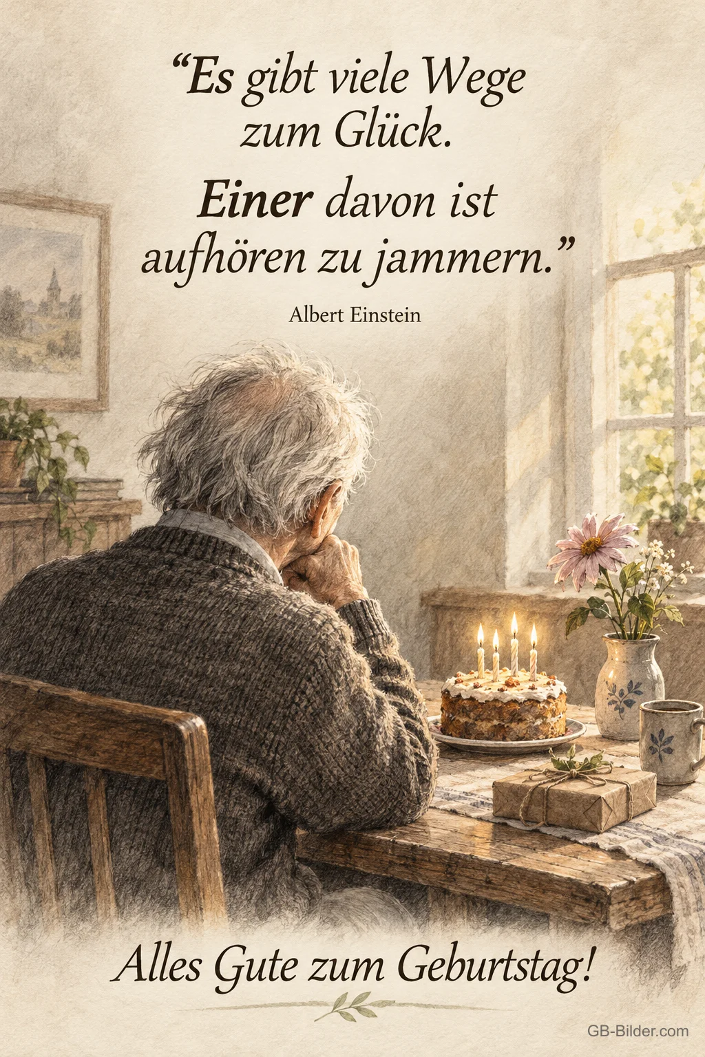 Älterer Mann am Fenster vor Geburtstagskuchen, Zitat: Es gibt viele Wege zum Glück. Einer davon ist aufhören zu jammern. Alles Gute zum Geburtstag!