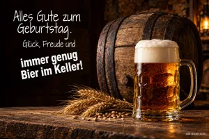 Bierkrug vor Holzfass mit Weizenähren, Text: Alles Gute zum Geburtstag. Glück, Freude und immer genug Bier im Keller!
