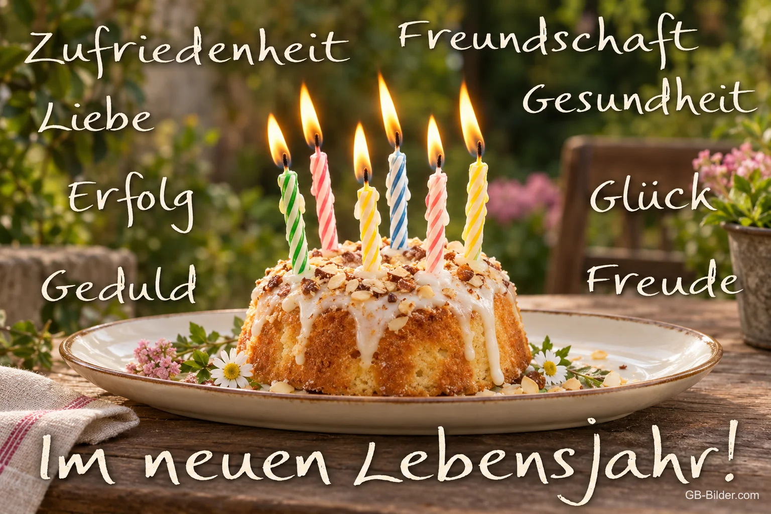 Gugelhupf mit brennenden Kerzen, Wünsche zum Geburtstag: Zufriedenheit, Liebe, Glück im neuen Lebensjahr