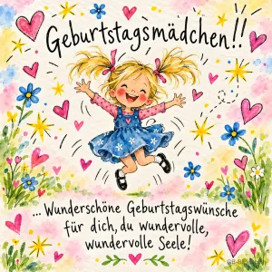 Mädchen mit Zöpfen springt fröhlich zwischen Blumen und Herzen, Text: Geburtstagsmädchen!! … Wunderschöne Geburtstagswünsche für dich, du wundervolle, wundervolle Seele!