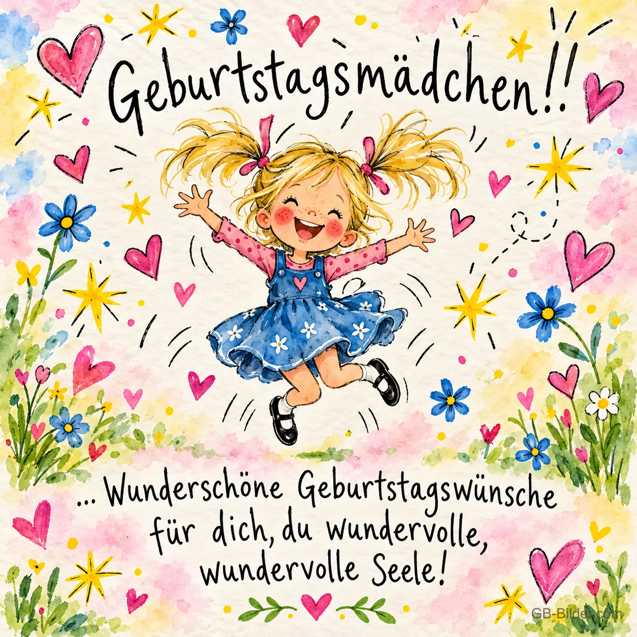 Mädchen mit Zöpfen springt fröhlich zwischen Blumen und Herzen, Text: Geburtstagsmädchen!! … Wunderschöne Geburtstagswünsche für dich, du wundervolle, wundervolle Seele!