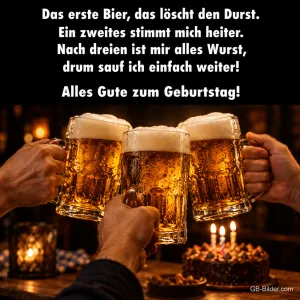 Drei Bierkrüge stoßen an, daneben Geburtstagskuchen, Text: Das erste Bier, das löscht den Durst. Alles Gute zum Geburtstag!