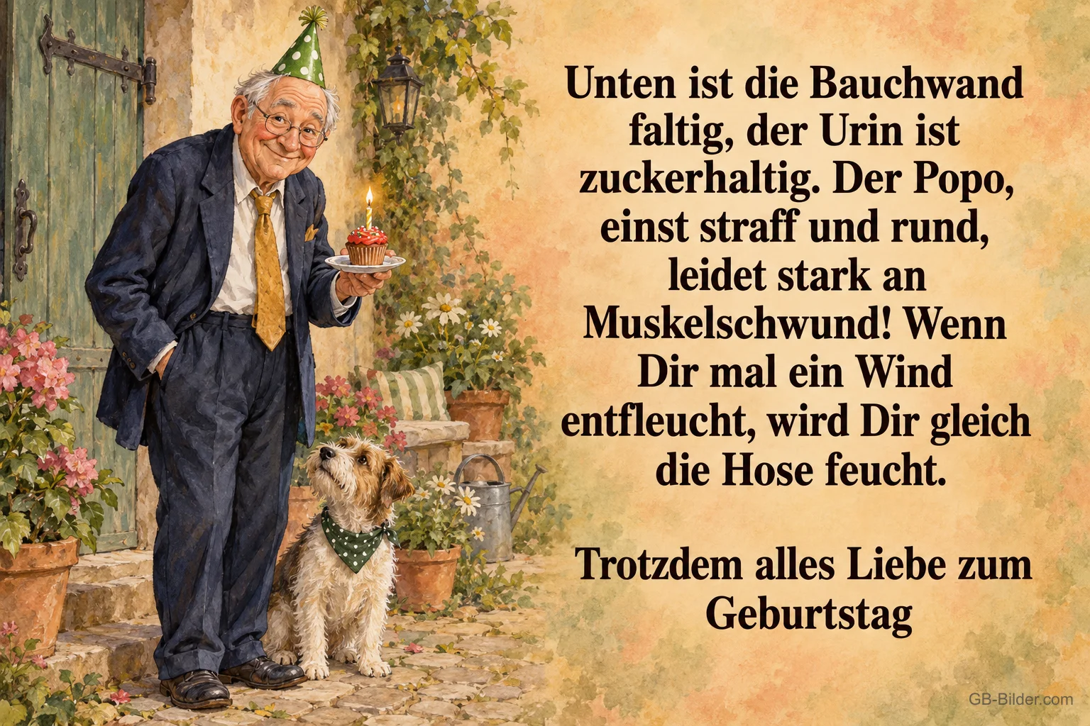 Älterer Herr mit Partyhut und Törtchen, lustiges Geburtstagsgedicht über das Älterwerden