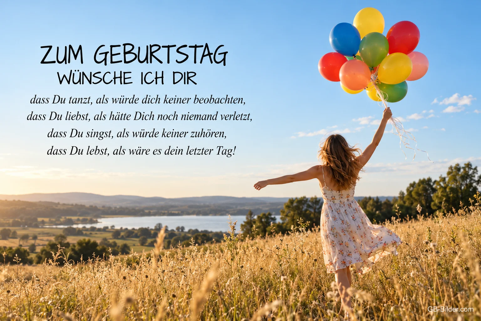Frau mit bunten Luftballons im Feld, Geburtstagswunsch: dass du tanzt, als würde dich keiner beobachten