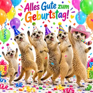 Erdmännchen mit Partyhüten und Tröten tanzen im Konfetti, Text: Alles Gute zum Geburtstag!