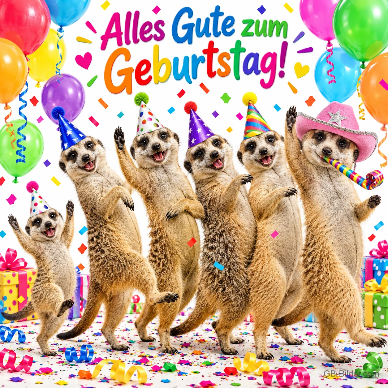 Erdmännchen mit Partyhüten und Tröten tanzen im Konfetti, Text: Alles Gute zum Geburtstag!