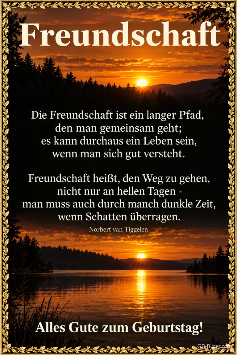 Sonnenuntergang über einem See im goldenen Rahmen, Freundschaftsgedicht, Alles Gute zum Geburtstag! – Norbert van Tiggelen