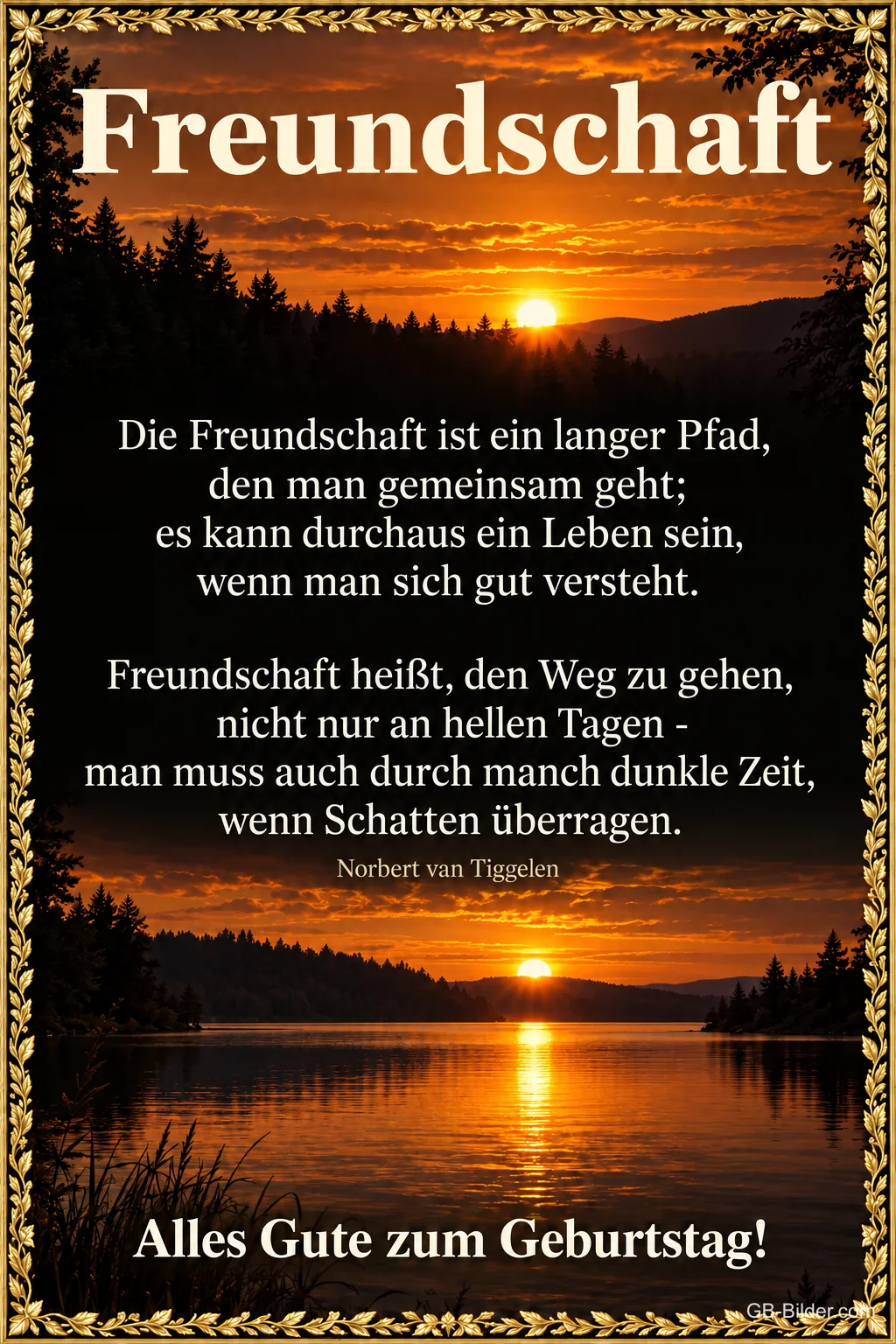 Sonnenuntergang über einem See im goldenen Rahmen, Freundschaftsgedicht, Alles Gute zum Geburtstag! – Norbert van Tiggelen