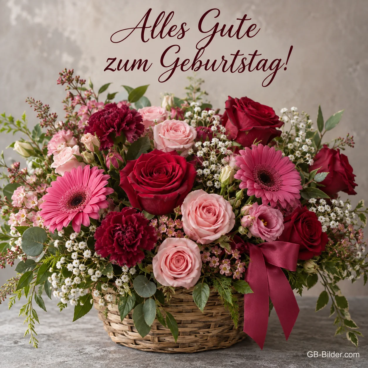 Blumenkorb mit Rosen und Gerbera, Text: Alles Gute zum Geburtstag!