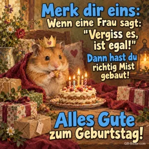 Hamster mit kleiner Krone vor einer Geburtstagstorte und Geschenken, Text: Merk dir eins: Wenn eine Frau sagt: „Vergiss es, ist egal!“ Dann hast du richtig Mist gebaut! Alles Gute zum Geburtstag!
