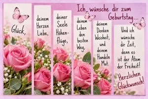 Rosa Rosen und Schmetterlinge auf Wunschkarten, Geburtstagswünsche: Glück, Liebe, Höhenflüge, Weisheit und Mut