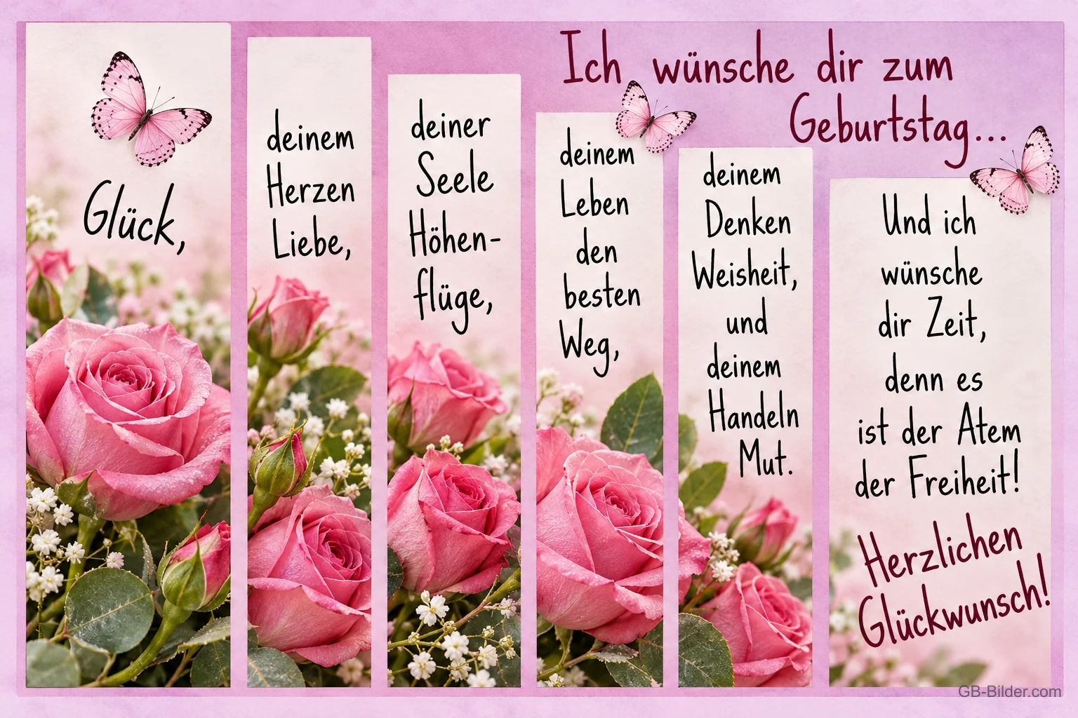 Rosa Rosen und Schmetterlinge auf Wunschkarten, Geburtstagswünsche: Glück, Liebe, Höhenflüge, Weisheit und Mut