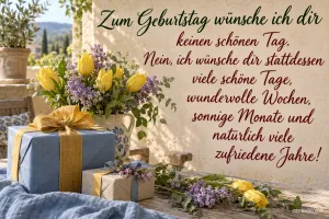 Geschenke mit Tulpen, Text: Zum Geburtstag wünsche ich dir keinen schönen Tag