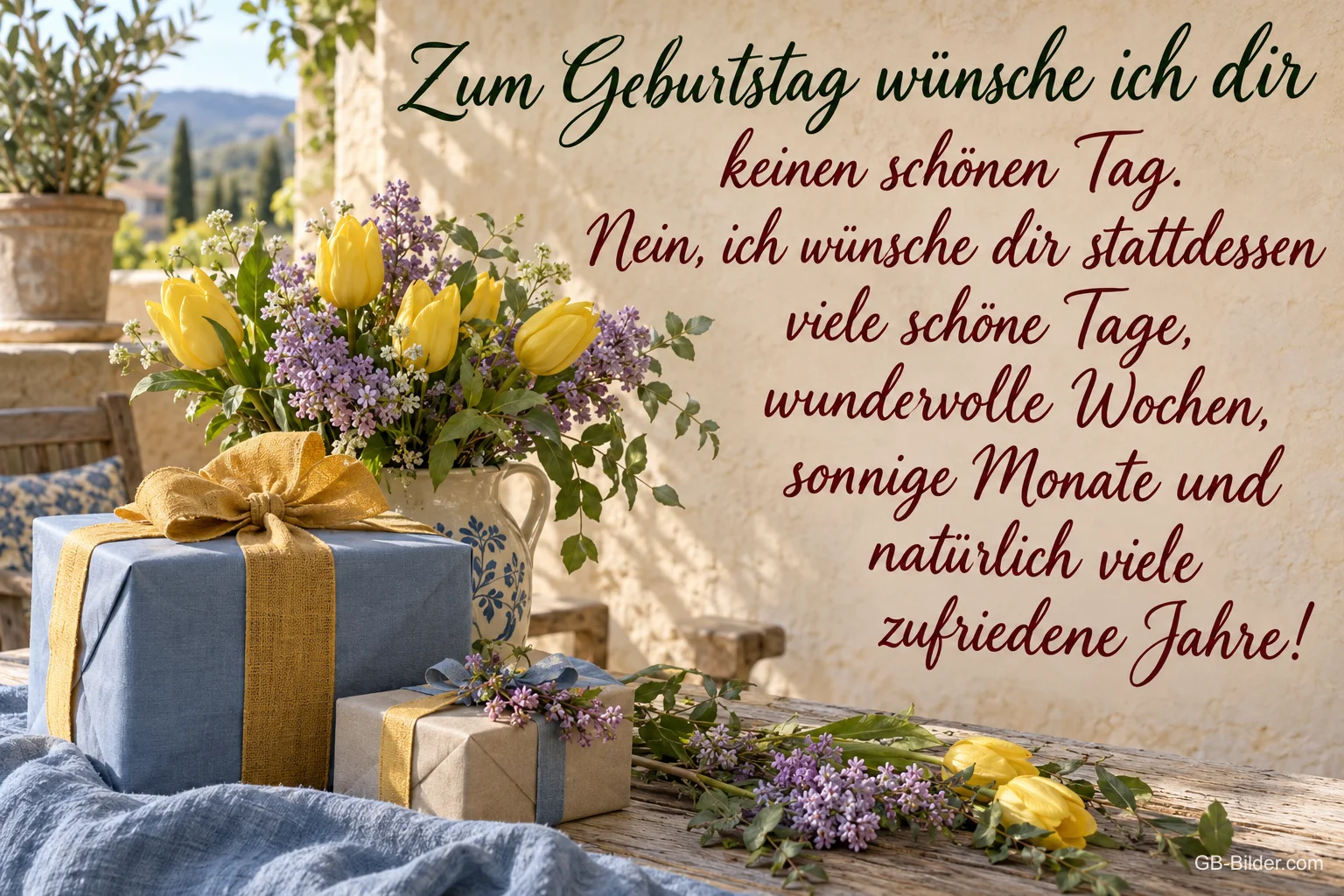 Geschenke mit Tulpen, Text: Zum Geburtstag wünsche ich dir keinen schönen Tag