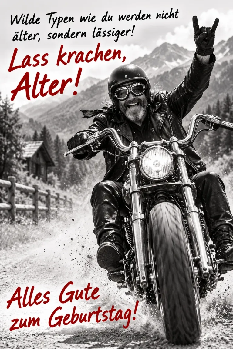 Motorradfahrer mit Lederjacke macht das Rock-Zeichen auf einer Bergstraße, Text: Wilde Typen wie du werden nicht älter, sondern lässiger! Lass krachen, Alter! Alles Gute zum Geburtstag!