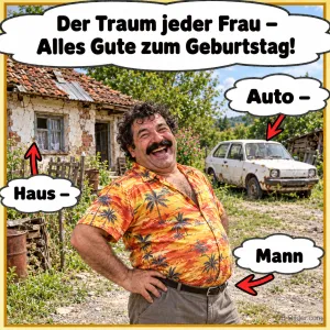 Lachender Mann im Hawaiihemd vor Haus und altem Auto mit Pfeilen, Text: Der Traum jeder Frau – Alles Gute zum Geburtstag! Haus – Auto – Mann