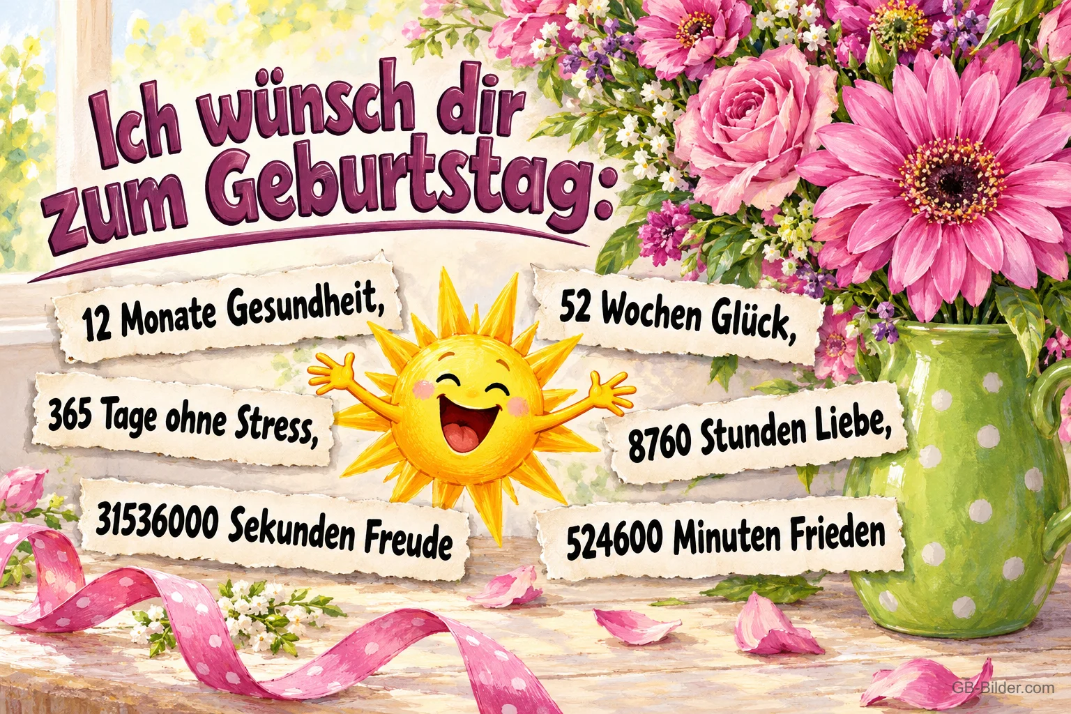 Lachende Sonne zwischen Glückwunschzetteln und rosa Blumen, Text: Ich wünsch dir zum Geburtstag: 12 Monate Gesundheit, 52 Wochen Glück, 365 Tage ohne Stress, 8760 Stunden Liebe, 524600 Minuten Frieden, 31536000 Sekunden Freude