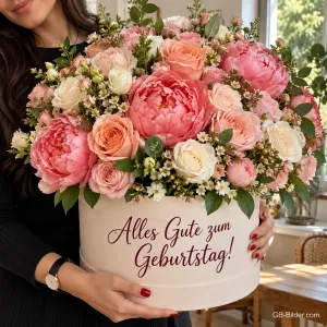 Frau hält eine große Box mit rosa Rosen und Pfingstrosen, Text: Alles Gute zum Geburtstag!