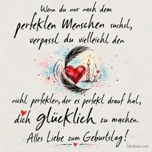 Gezeichnetes Herz mit Feder und Kerze, Spruch über den nicht perfekten Menschen, Alles Liebe zum Geburtstag!