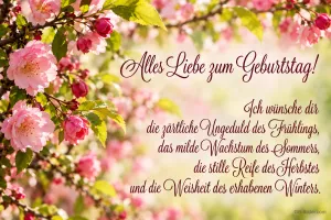 Rosa Kirschblüten an Zweigen, Geburtstagswunsch: die zärtliche Ungeduld des Frühlings und die Weisheit des Winters