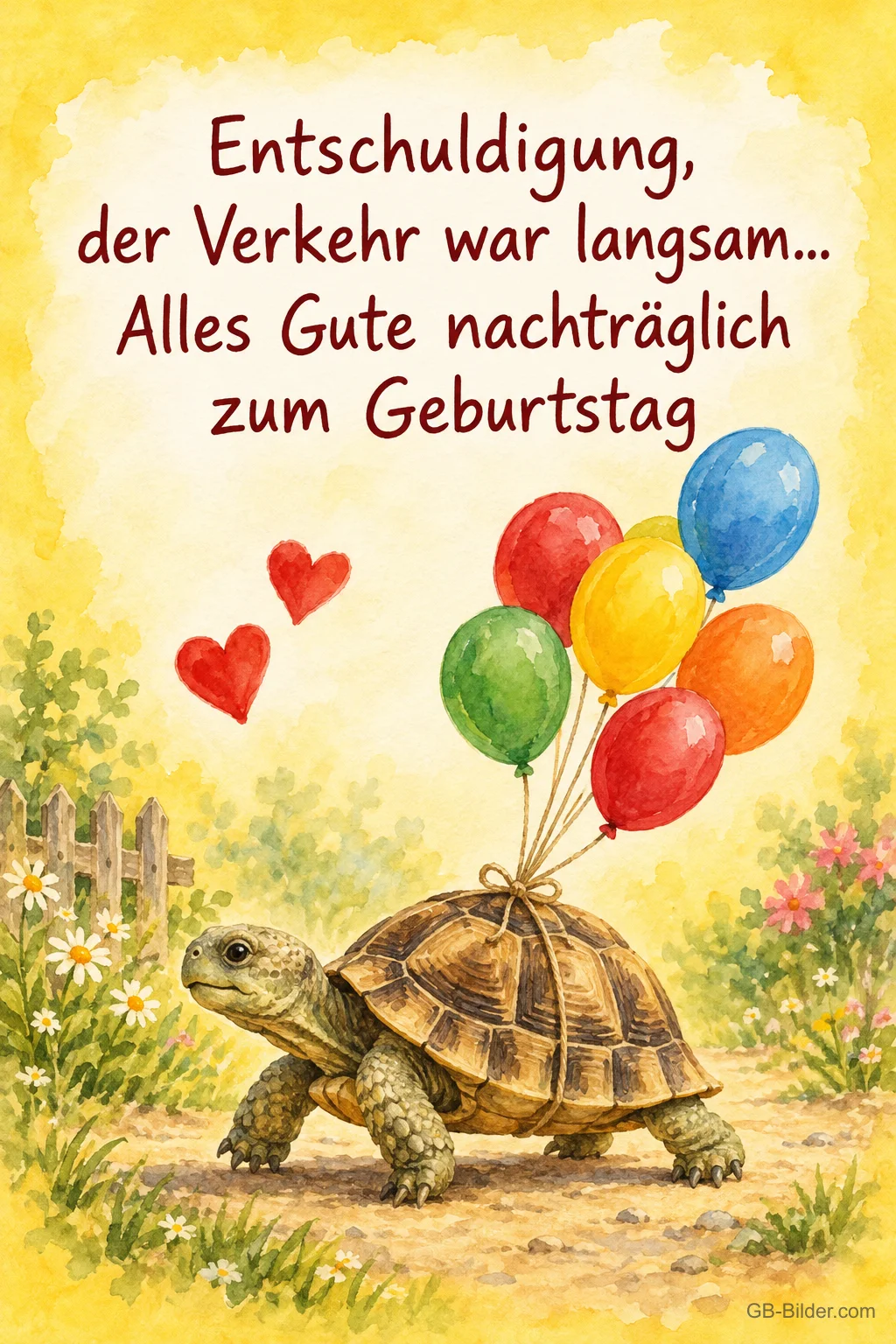 Schildkröte mit Luftballons, Text: Entschuldigung, der Verkehr war langsam. Alles Gute nachträglich zum Geburtstag