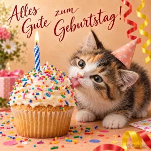Kätzchen mit Partyhut leckt an einem Cupcake mit Kerze, Text: Alles Gute zum Geburtstag!
