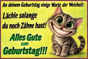 Getigerte Katze grinst breit mit großen Zähnen, Text: An deinem Geburtstag einige Worte der Weisheit: Lächle solange du noch Zähne hast! Alles Gute zum Geburtstag!!!