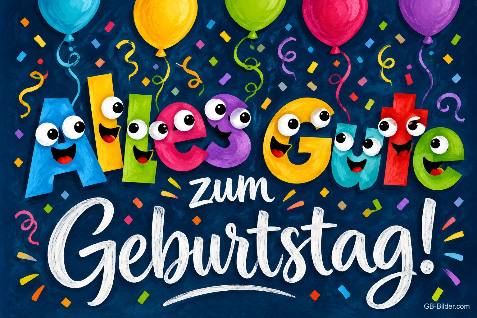Bunte Buchstaben mit Gesichtern zwischen Luftballons und Konfetti, Text: Alles Gute zum Geburtstag!