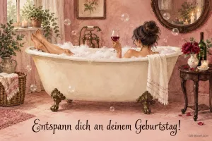 Frau entspannt in der Schaumbadewanne, Text: Entspann dich an deinem Geburtstag!