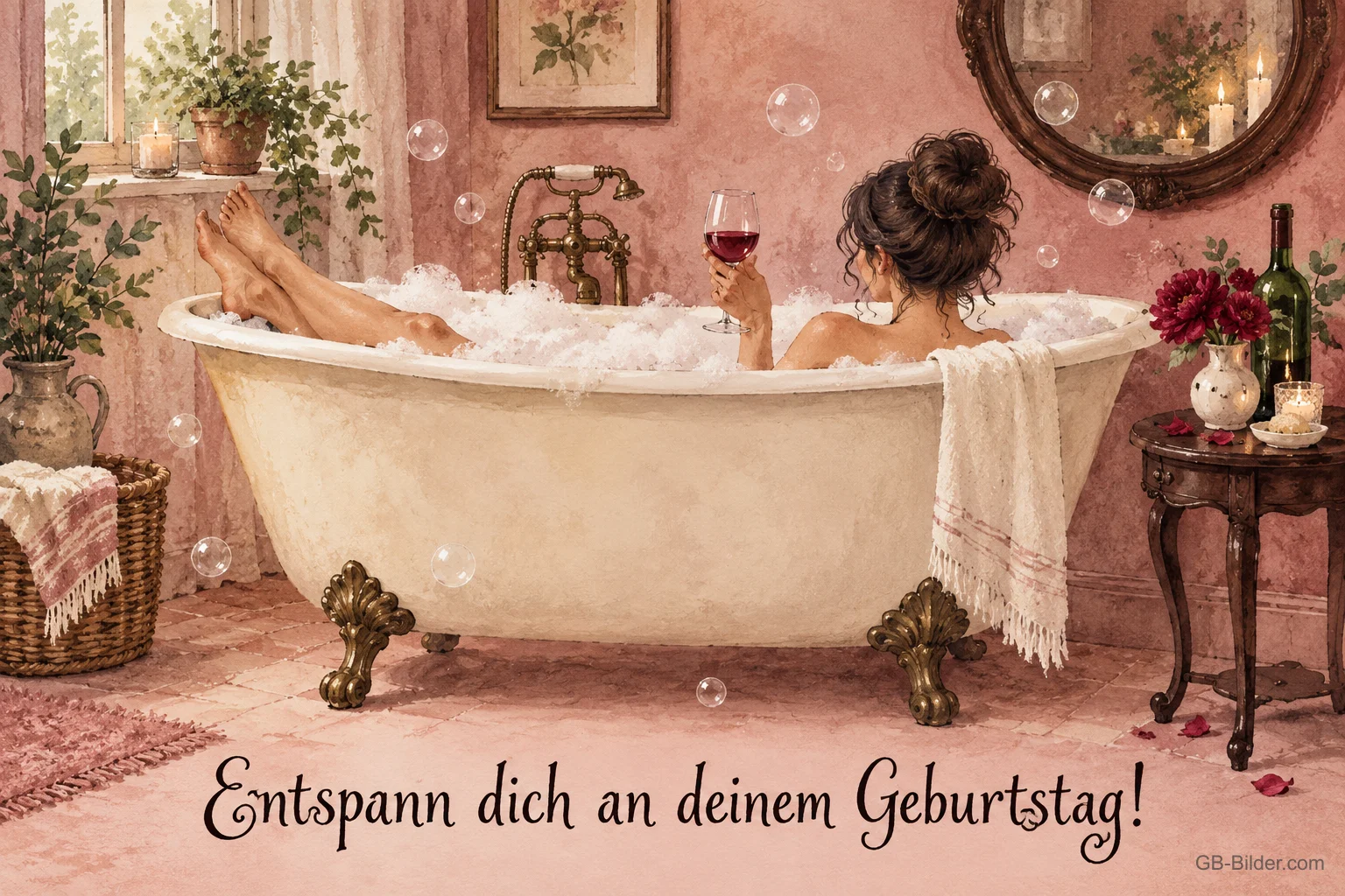 Frau entspannt in der Schaumbadewanne, Text: Entspann dich an deinem Geburtstag!