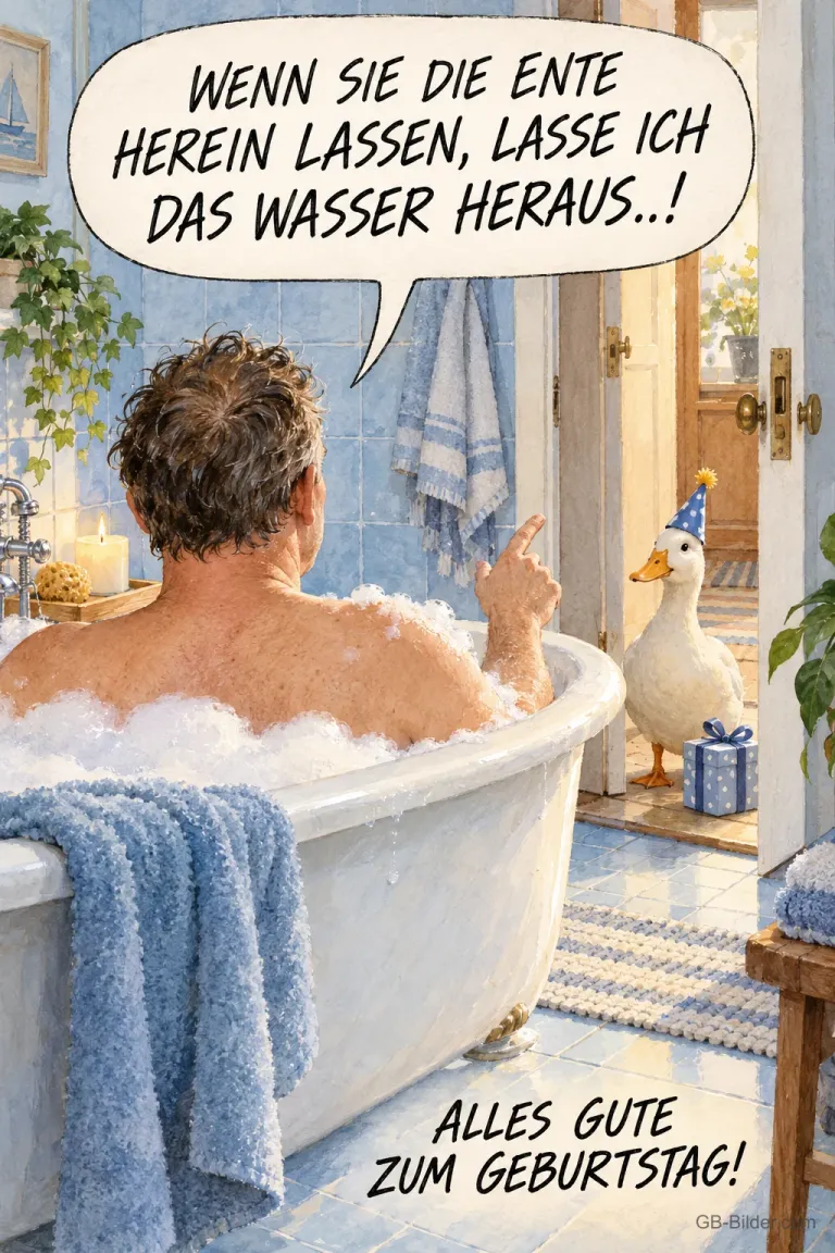 Mann in der Badewanne und Ente mit Partyhut, Text: Wenn Sie die Ente herein lassen, lasse ich das Wasser heraus! Alles Gute zum Geburtstag!