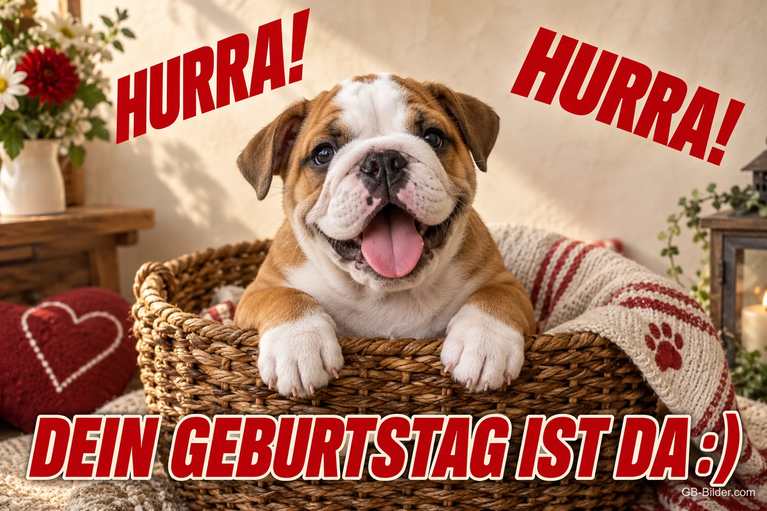 Fröhliche junge Bulldogge im Korb, Text: Hurra! Hurra! Dein Geburtstag ist da