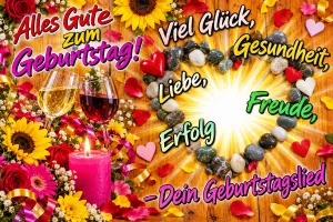 Herz aus bunten Steinen, Kerze, Wein und Sonnenblumen auf Holz, Text: Alles Gute zum Geburtstag! Viel Glück, Gesundheit, Liebe, Freude, Erfolg – Dein Geburtstagslied