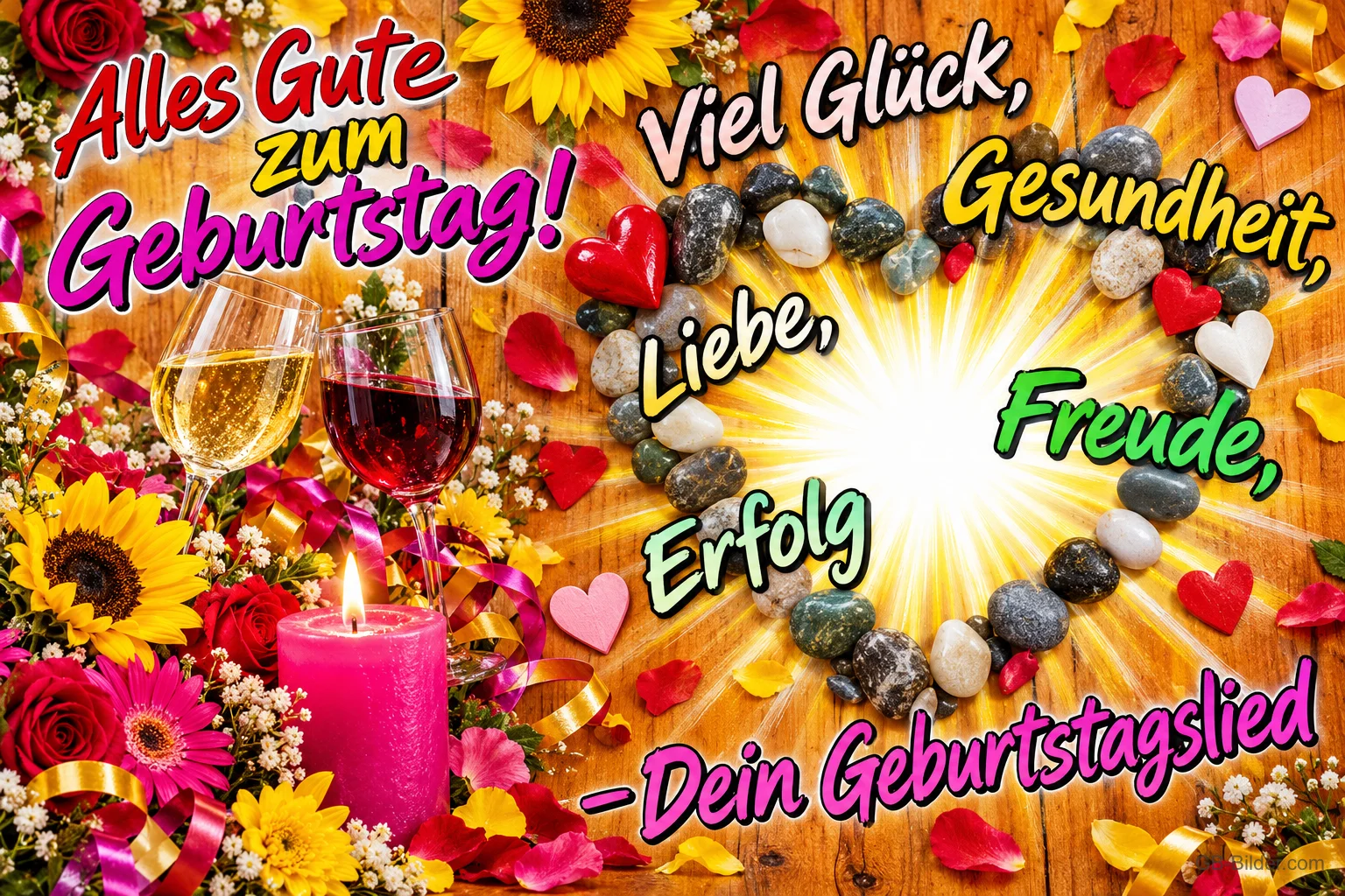 Herz aus bunten Steinen, Kerze, Wein und Sonnenblumen auf Holz, Text: Alles Gute zum Geburtstag! Viel Glück, Gesundheit, Liebe, Freude, Erfolg – Dein Geburtstagslied