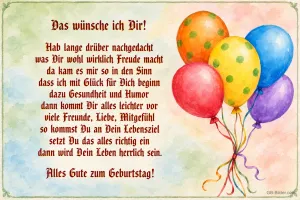 Bunte Luftballons neben einem Geburtstagsgedicht, Text: Das wünsche ich dir! Alles Gute zum Geburtstag!