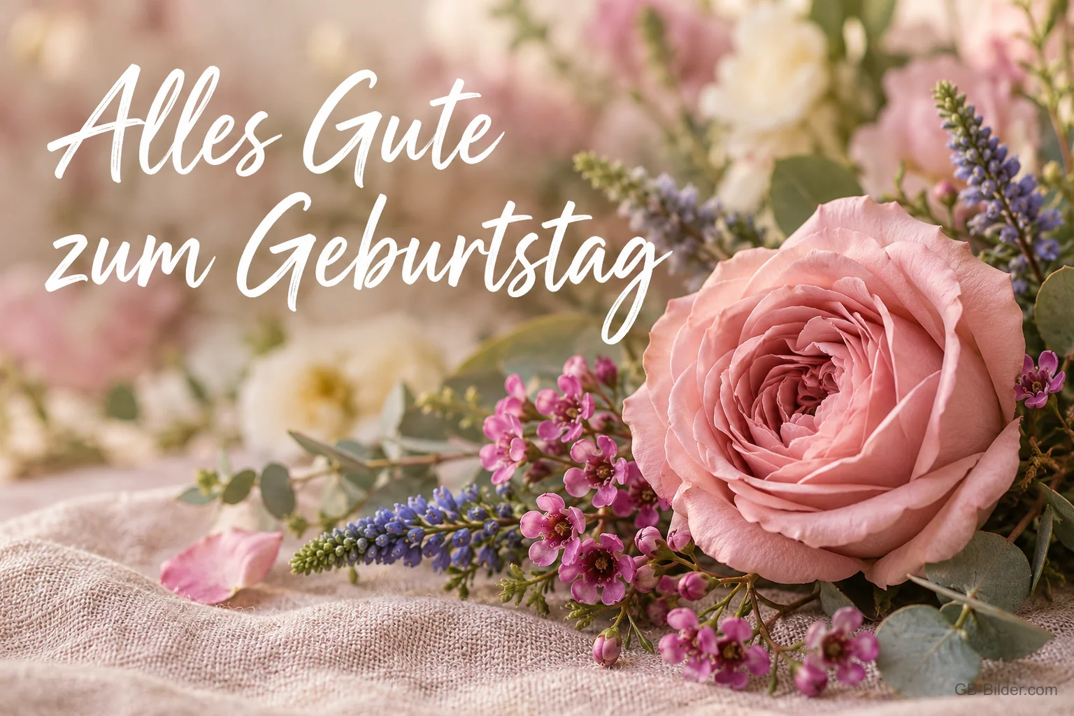 Rosa Rose mit Wiesenblumen, Text: Alles Gute zum Geburtstag